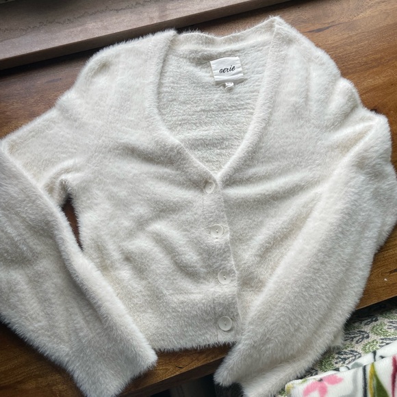 aerie Sweaters - aerie Cream Fuzzy V-Neck Button Cardigan